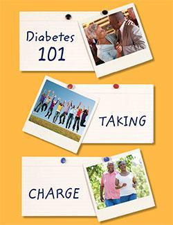 Photos of people with diabetes on a bulletin board with words of "Diabetes 101 Taking Charge" on post-it notes